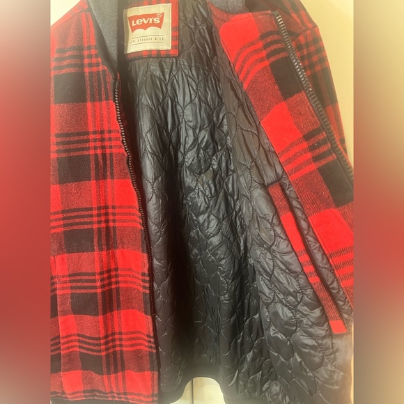 Levi's Red Black Buffalo Plaid Full Zip Hooded Jacket Coat Men Size XXL - Picture 6 of 15